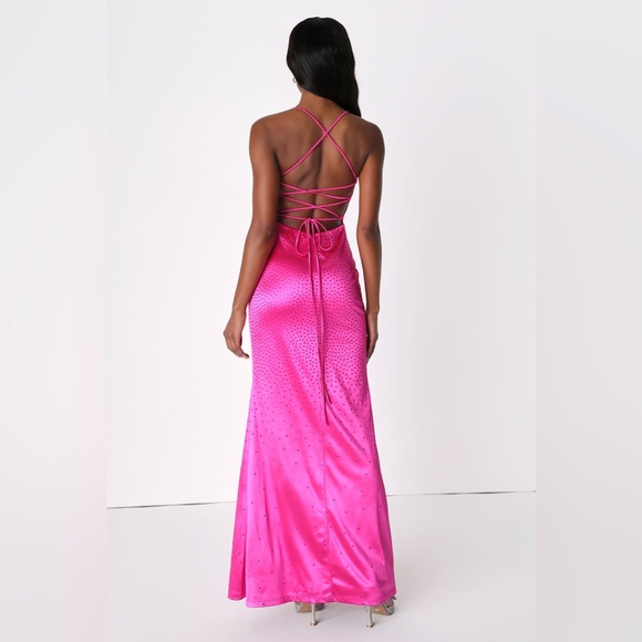 Lulus - Radiant Stunner Hot Pink Satin Rhinestone Lace-Up Maxi Dress - NWT - XS - Picture 4 of 10